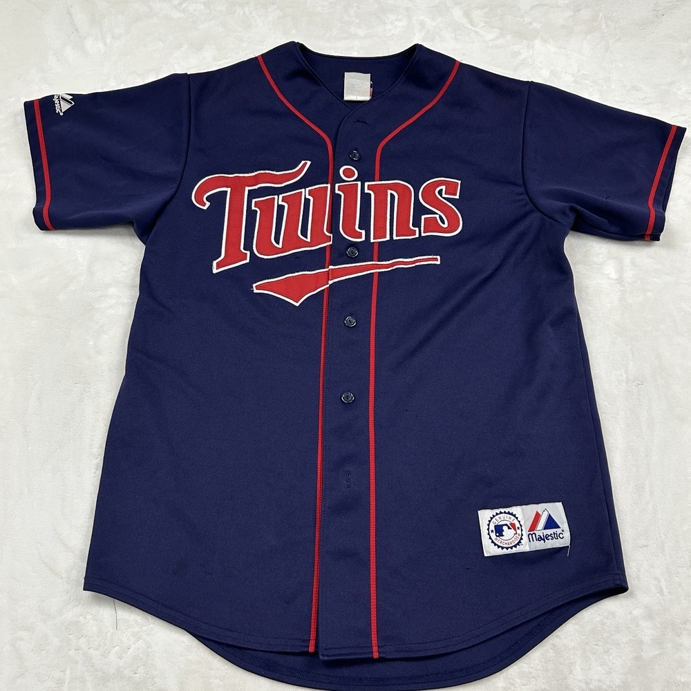 Majestic Baseball Jersey mens L Navy Minnesota Twins MLB Button Front Piping